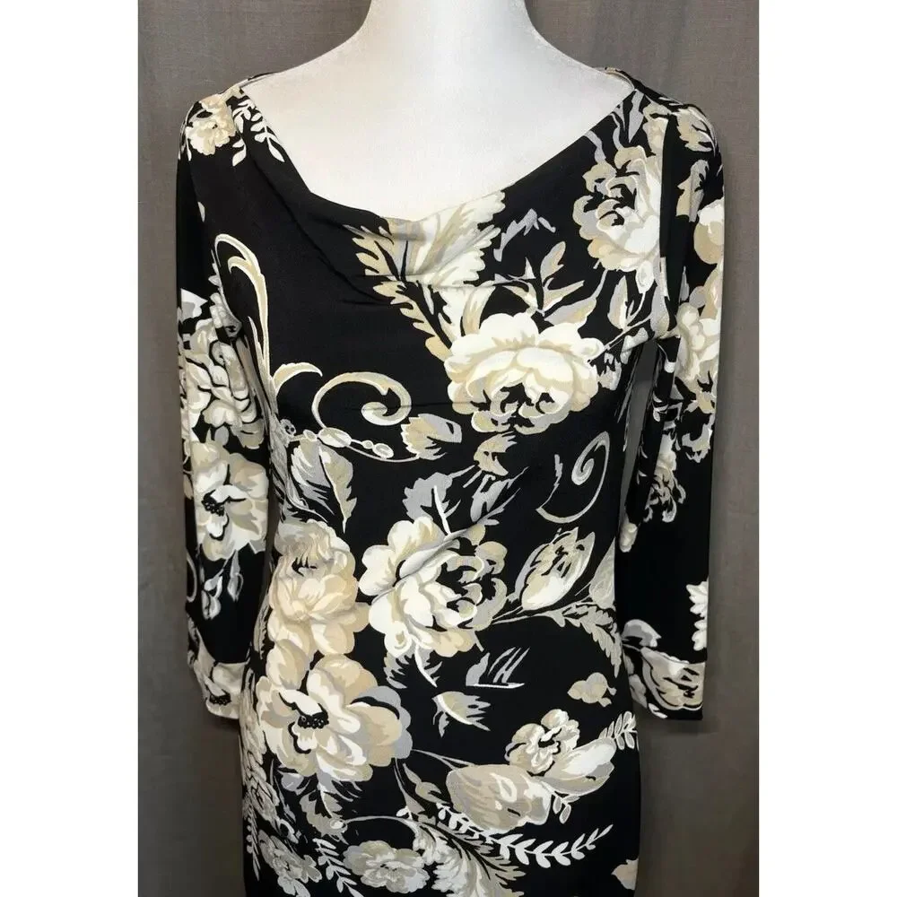 White House Black Market Dress Womens XXS Black Floral Knee Length Midi